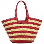 Straw Tote: Striped Woven Wheat Straw Tote - Red - BG-B11047RD